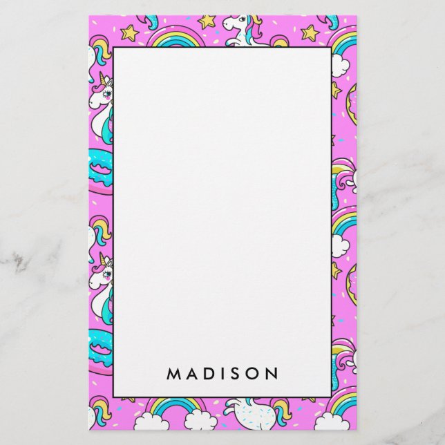 Pink Kitschy glittery funny unicorn and kitty Stationery (Front)