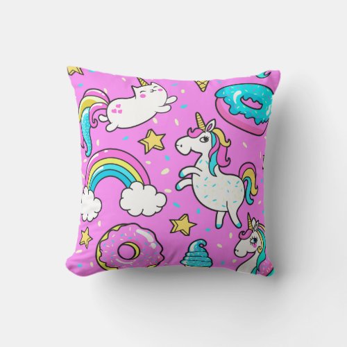 Pink Kitschy glittery funny unicorn and kitty Throw Pillow