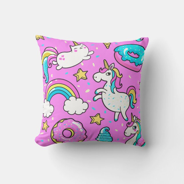 Pink Kitschy glittery funny unicorn and kitty Throw Pillow (Front)