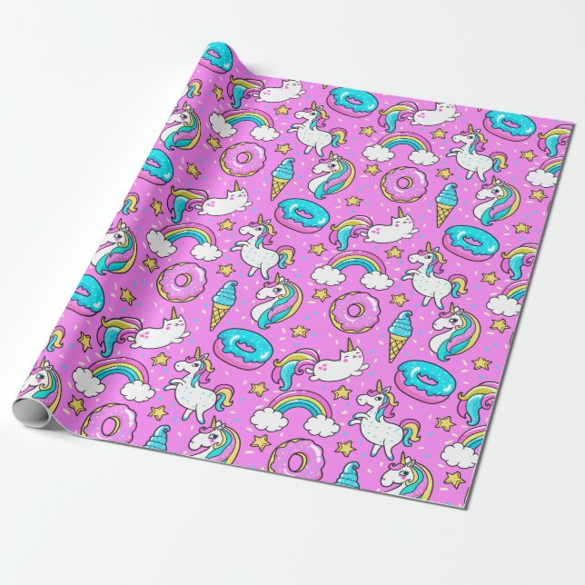 Pink Kitschy glittery funny unicorn and kitty Wrapping Paper (Unrolled)