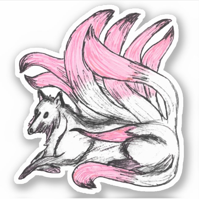 Pink Kitsune Japanese Fox Sketch Sticker (Front)