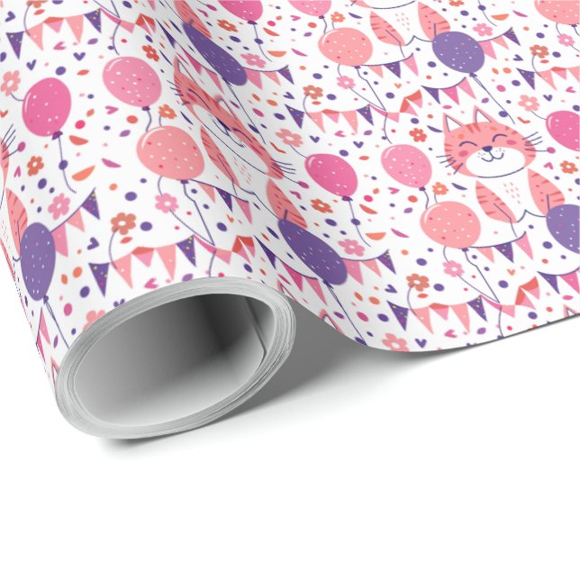 Pink Kitten and Balloons Birthday Gift Wrap Paper (Roll Corner)