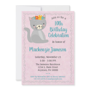 Pink Kitten Birthday Invitation Girls Kitty Cat