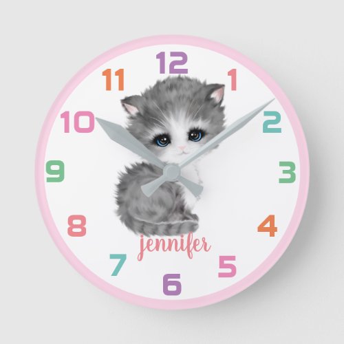 Pink Kitten Cat Colorful Kids Wall Clock