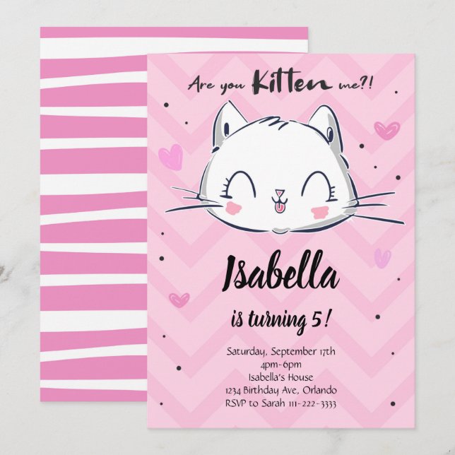 Pink Kitten Girls Birthday Invitation (Front/Back)