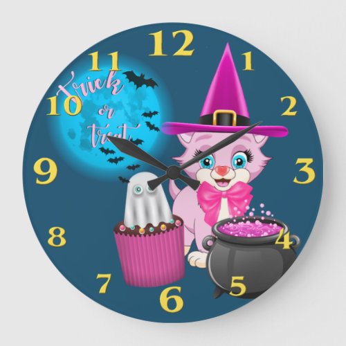 Pink Kitten Halloween Cartoon Large Clock