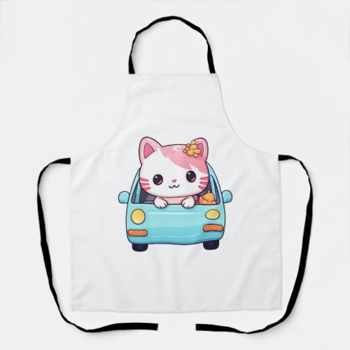 Pink kitten in its extreme adorable blue car   apron