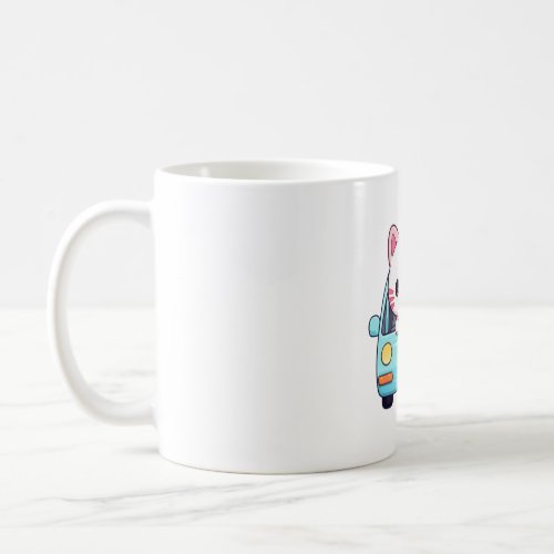 Pink kitten in its extreme adorable blue car   coffee mug