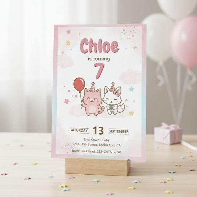Pink Kitty Birthday Party for Girls Cute Kawaii Invitation (Creator Uploaded)