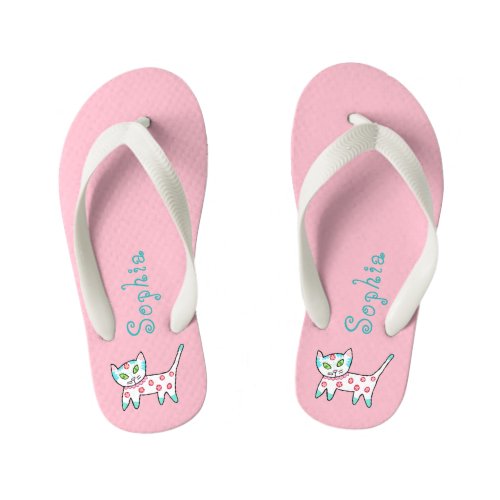 Pink Kitty Cat And Name Kids Flip Flops