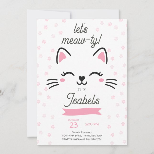 Pink Kitty Cat Birthday Invitation (Front)