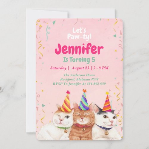 Pink Kitty Cat Birthday Party Invitation Editable Invitation