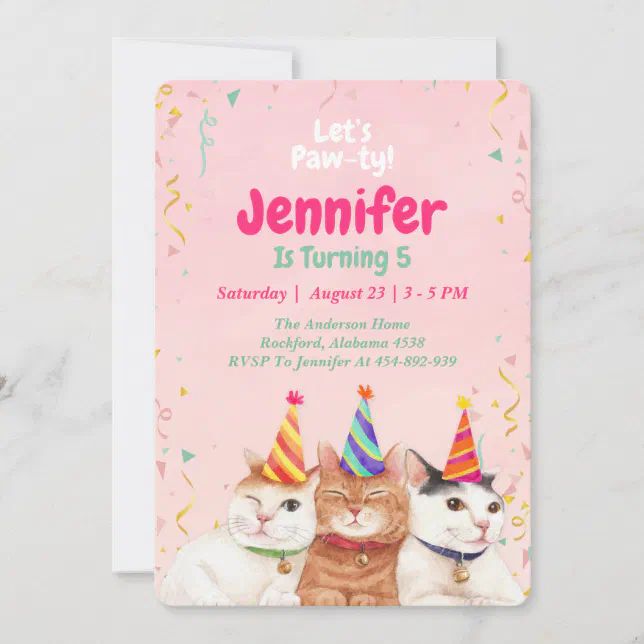 Pink Kitty Cat Birthday Party Invitation, Editable Invitation | Zazzle