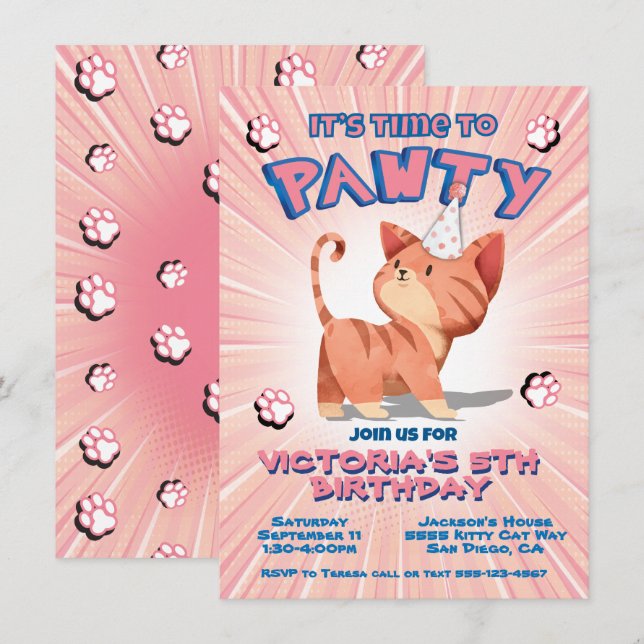 Pink Kitty Cat Birthday Pawty Party Invitation (Front/Back)