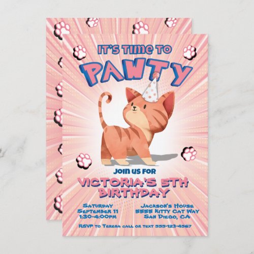 Pink Kitty Cat Birthday Pawty Party Invitation