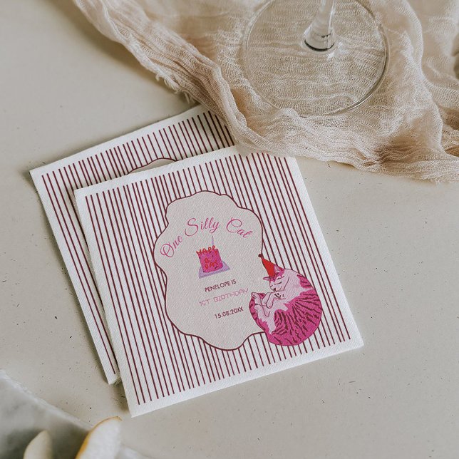 Pink Kitty Party One Silly Cat 1st Birthday Napkins (Creator Uploaded)