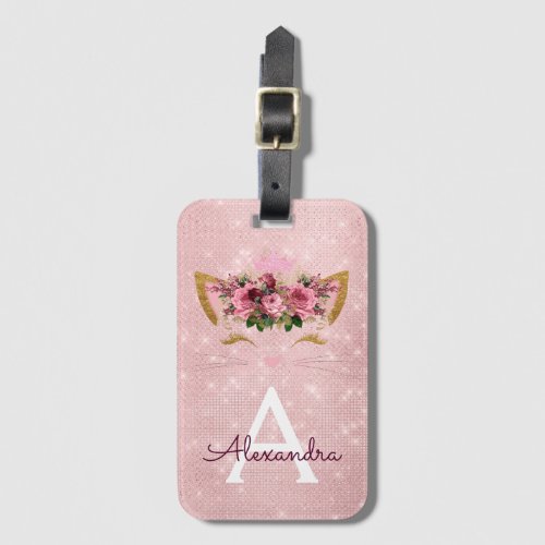 Pink Kitty Sparkle Princess Monogram Name Luggage Tag