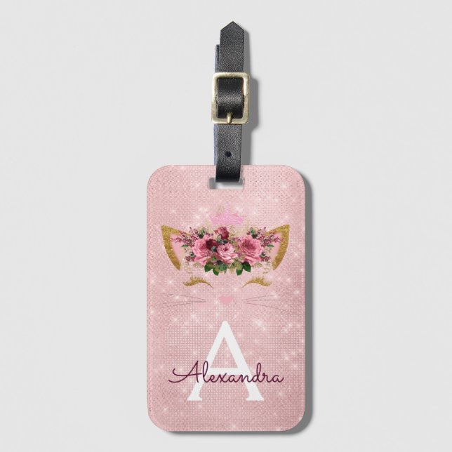 Pink Kitty Sparkle Princess Monogram Name Luggage Tag (Front Vertical)