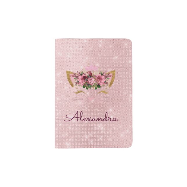 Pink Kitty Sparkle Princess Monogram Name Passport Holder (Front)