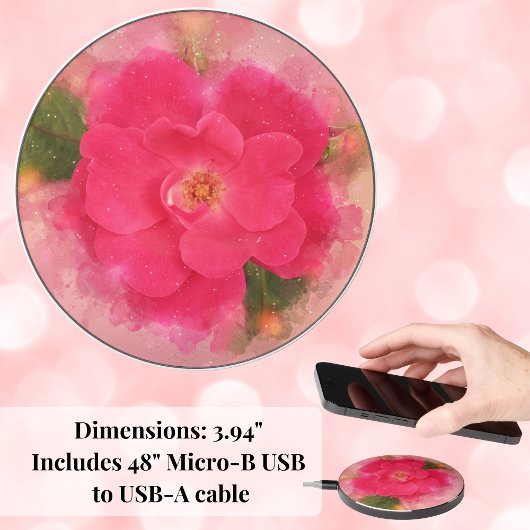 Pink Knockout Rose Watercolor Wireless Charger