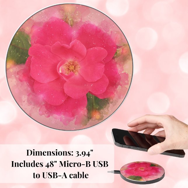 Pink Knockout Rose Watercolor  Wireless Charger (Bright pink peony wireless phone charger is a pretty and practical gift she'll use daily!)