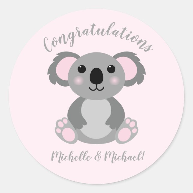 Pink Koala Bear Baby Shower Classic Round Sticker (Front)