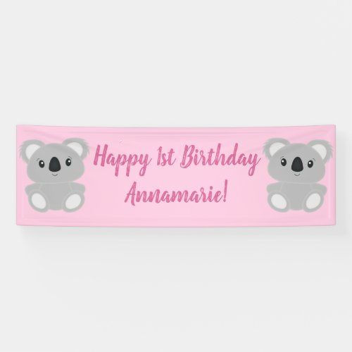 Pink Koala Bear Birthday Party Banner