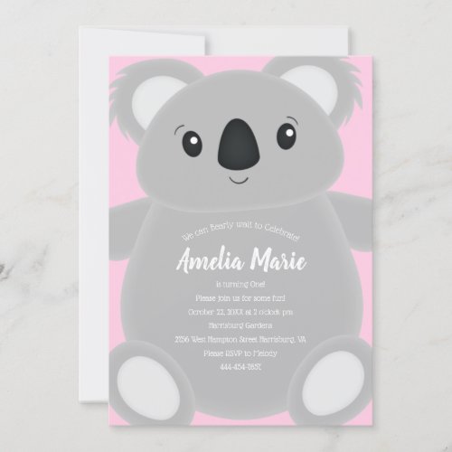 Pink Koala Bear Birthday Party Invitation
