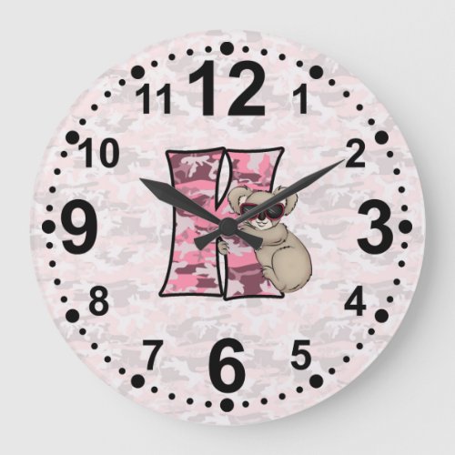 Pink Koala Camouflage Letter K Monogram Large Clock