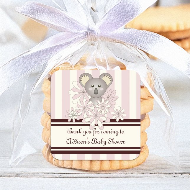 Pink Koala Kids Party Favor / Girl Baby Shower Square Sticker (Creator Uploaded)