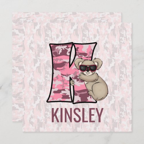 Pink Koala Letter K Kids Birthday Party Invitation