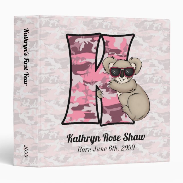Pink Koala Monogram K Baby Scrapbook Binder (Front/Spine)