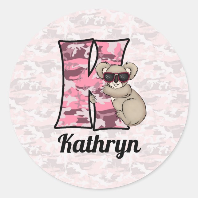 Pink Koala Monogram Letter K with Name Classic Round Sticker (Front)