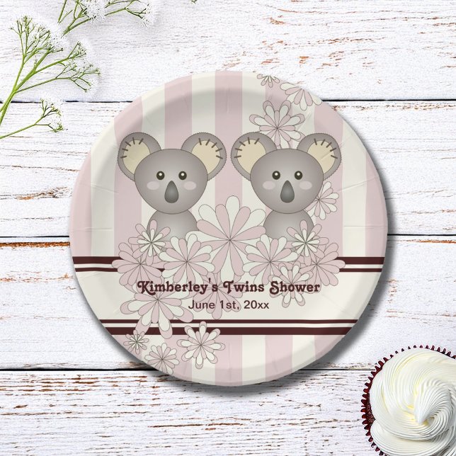 Pink Koala Twin Baby Shower / Kids Girl Birthday Paper Plates (Creator Uploaded)