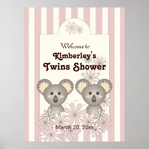 Pink Koala Twin Baby Shower  Kids Girl Birthday Poster