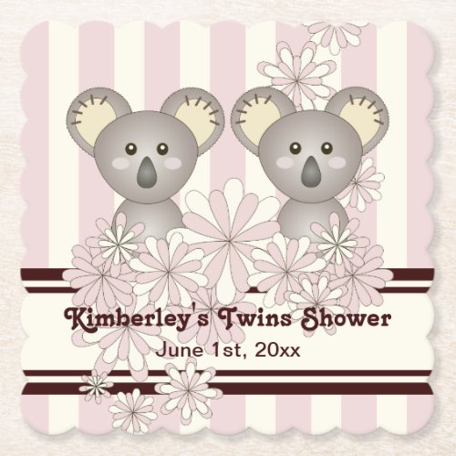 Pink Koala Twin Girl Baby Shower  Kids Birthday Paper Coaster