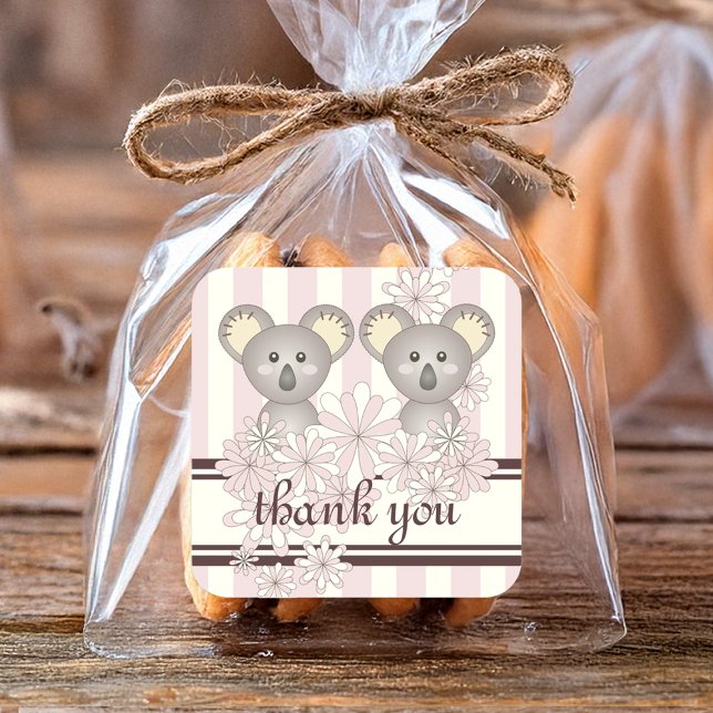 Pink Koala Twin Girl Baby Shower / Kids Birthday Square Sticker (Creator Uploaded)