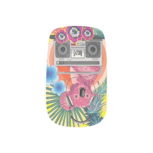 Pink koala with boombox and tropical leaves design minx nail art