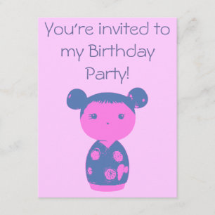 Pink Kokeshi Blue Birthday Party Invitation