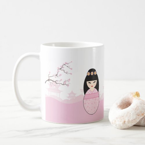 Pink Kokeshi Doll Design Coffee Mug