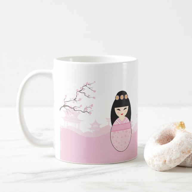 Pink Kokeshi Doll Design Coffee Mug (With Donut)