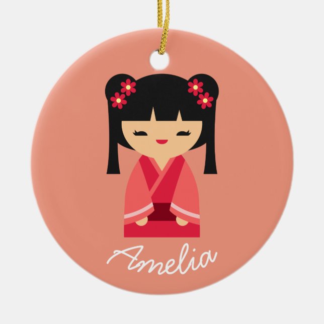 Pink Kokeshi Japanese dolls Ceramic Ornament (Front)