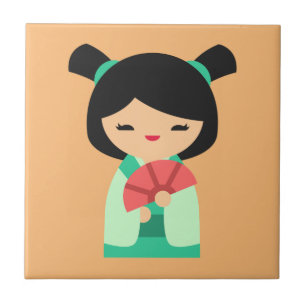 Pink Kokeshi Japanese dolls Ceramic Tile
