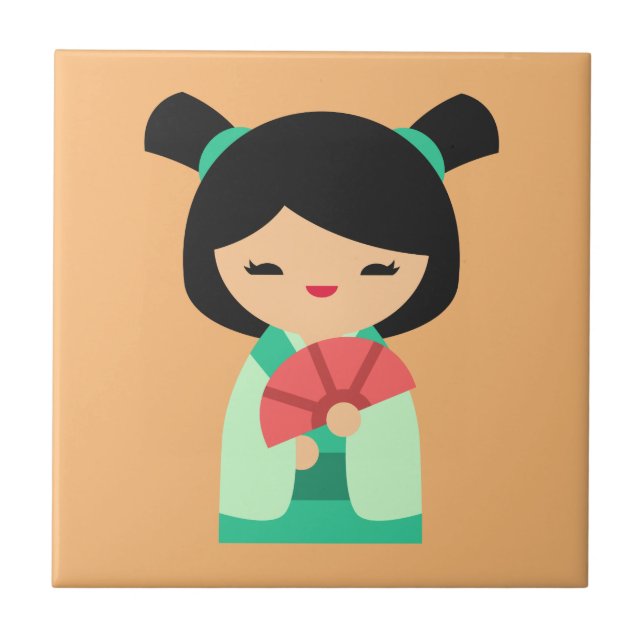 Pink Kokeshi Japanese dolls Ceramic Tile (Front)