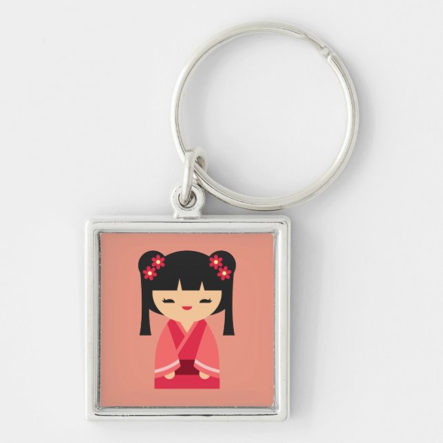 Pink Kokeshi Japanese dolls Keychain (Front)