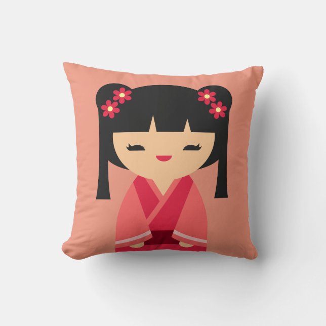 Pink Kokeshi Japanese dolls Throw Pillow (Front)