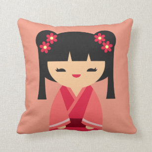 Pink Kokeshi Japanese dolls Throw Pillow