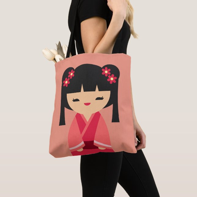 Pink Kokeshi Japanese dolls Tote Bag (Close Up)