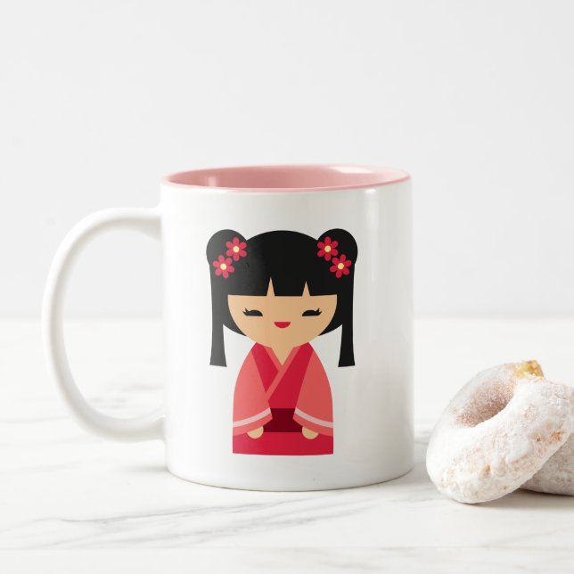 Pink Kokeshi Japanese dolls Two-Tone Coffee Mug (With Donut)