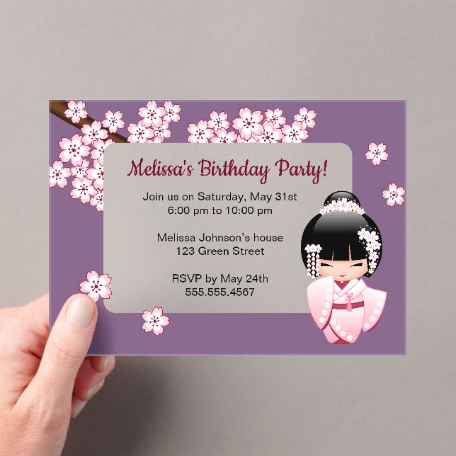 Pink Kokeshi Transparent Window Birthday Purple Acrylic Invitations (Insitu (Handheld))